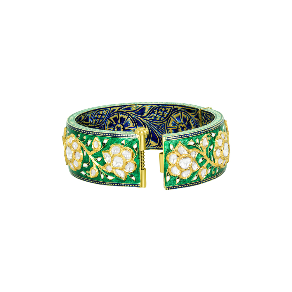 Green Enamel Bangle with Polki Florals and Blue Inner Motifs